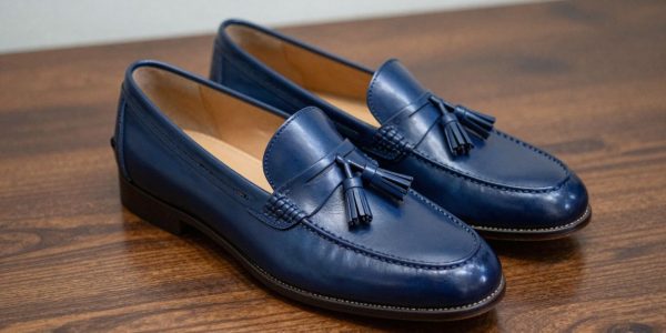 Navy tassel loafers on a polished surface.