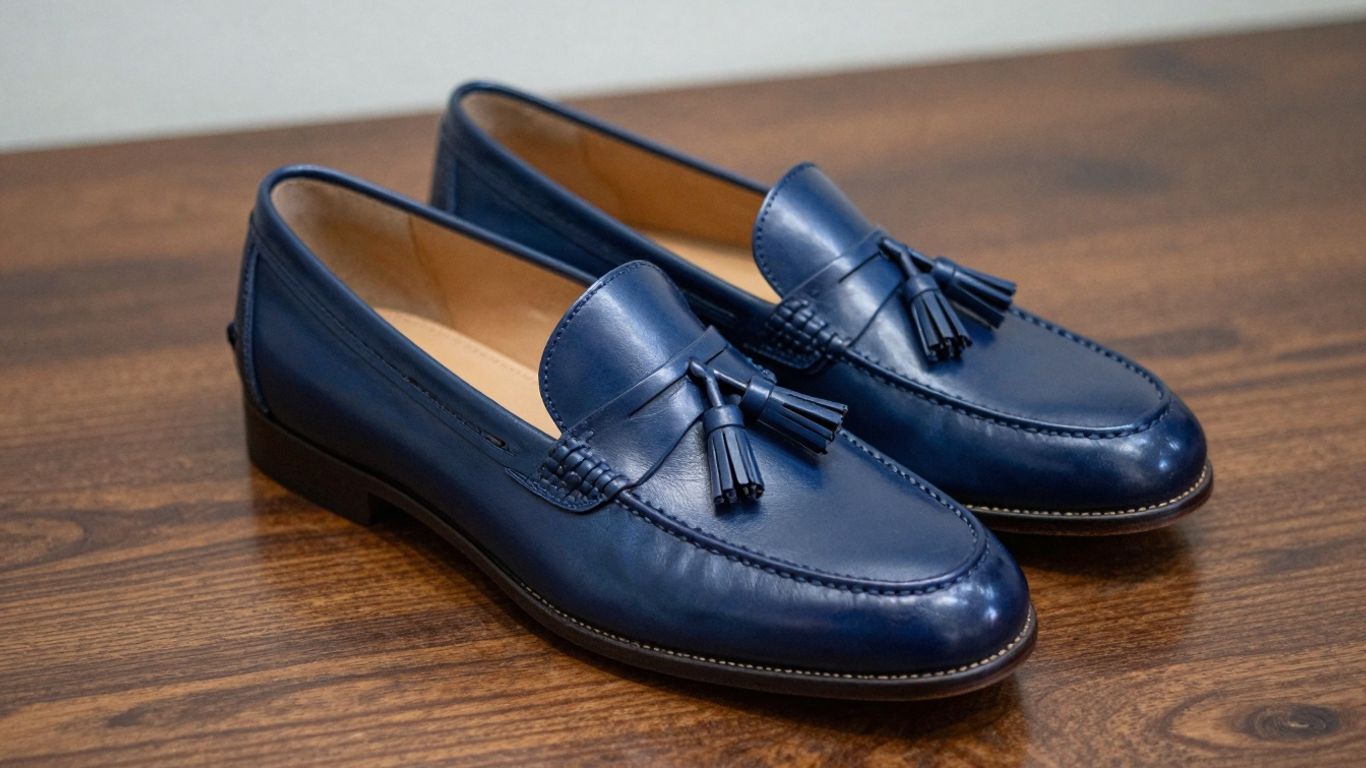 Navy tassel loafers on a polished surface.