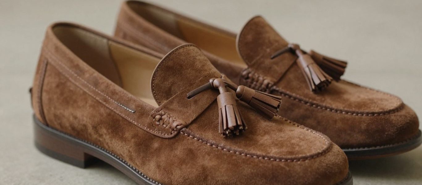 Brown suede tassel loafers on a textured surface.