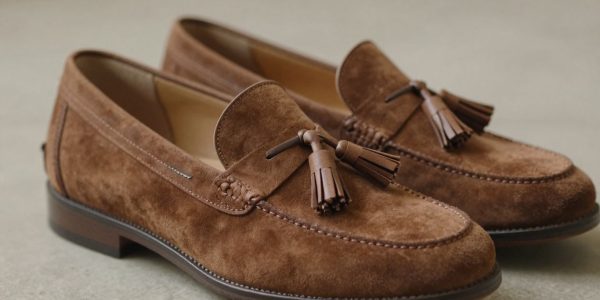 Brown suede tassel loafers on a textured surface.