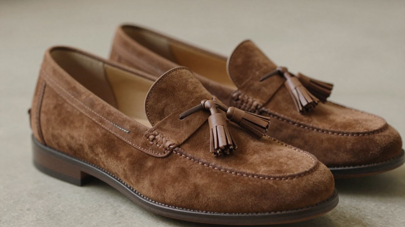 Brown suede tassel loafers on a textured surface.
