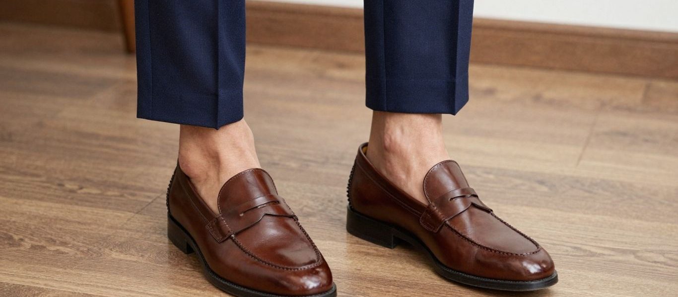 Man wearing penny loafers with a suit.