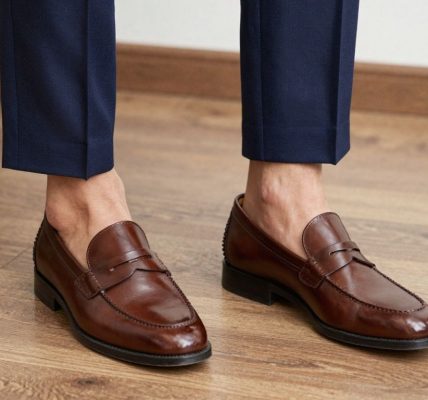 Man wearing penny loafers with a suit.