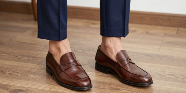 Man wearing penny loafers with a suit.