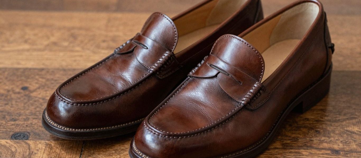 Classic brown penny loafers on a wooden floor.