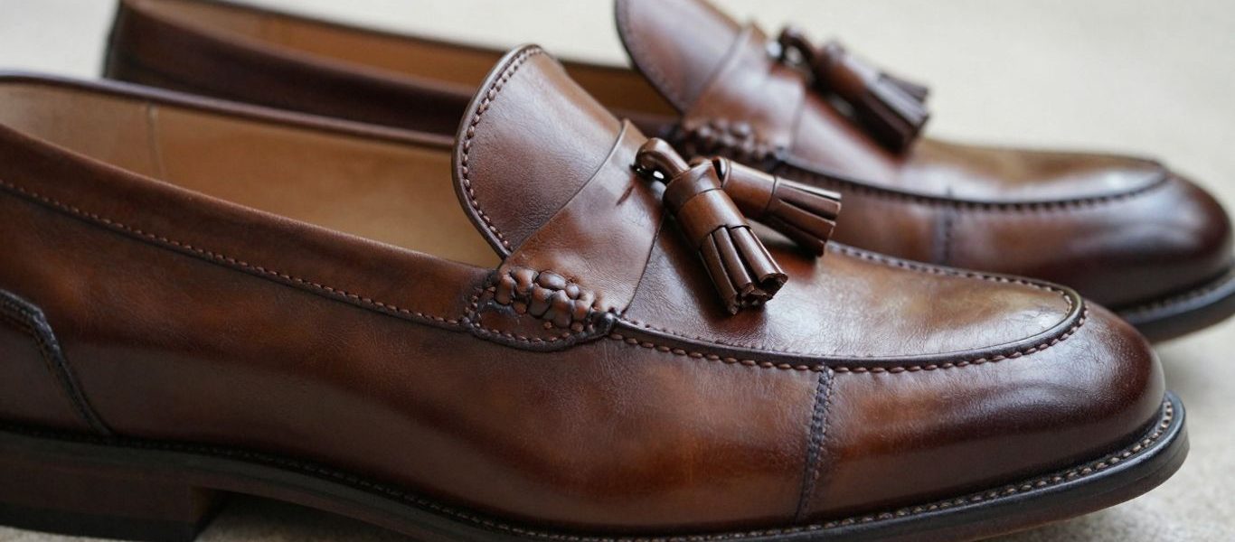 Brown leather tassel loafers for a wedding guest.