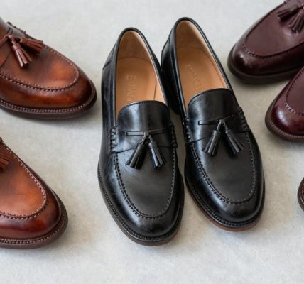 Stylish tassel loafers in various colors on a neutral background.