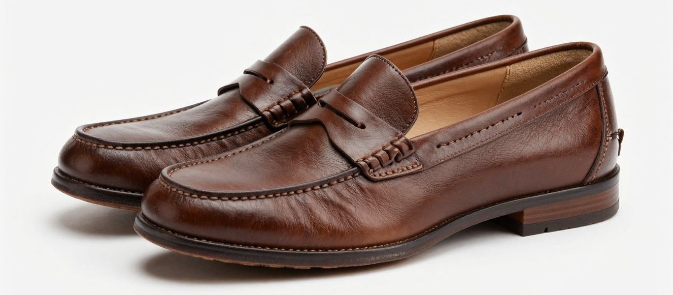 Brown penny loafers, close-up photographic detail.
