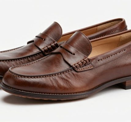 Brown penny loafers, close-up photographic detail.