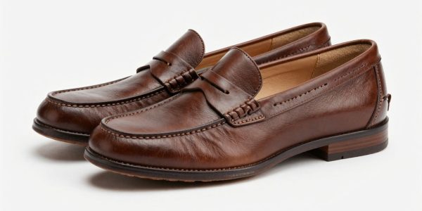 Brown penny loafers, close-up photographic detail.