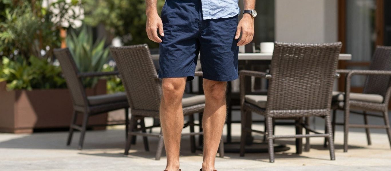Man wearing penny loafers with shorts and a linen shirt.
