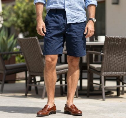 Man wearing penny loafers with shorts and a linen shirt.