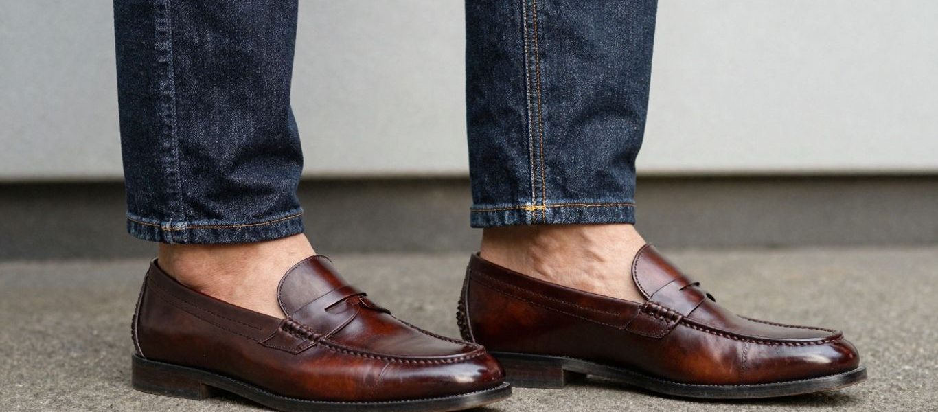 Man wearing penny loafers and jeans