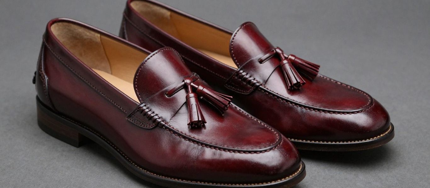 Burgundy tassel loafers with polished leather and decorative tassels.