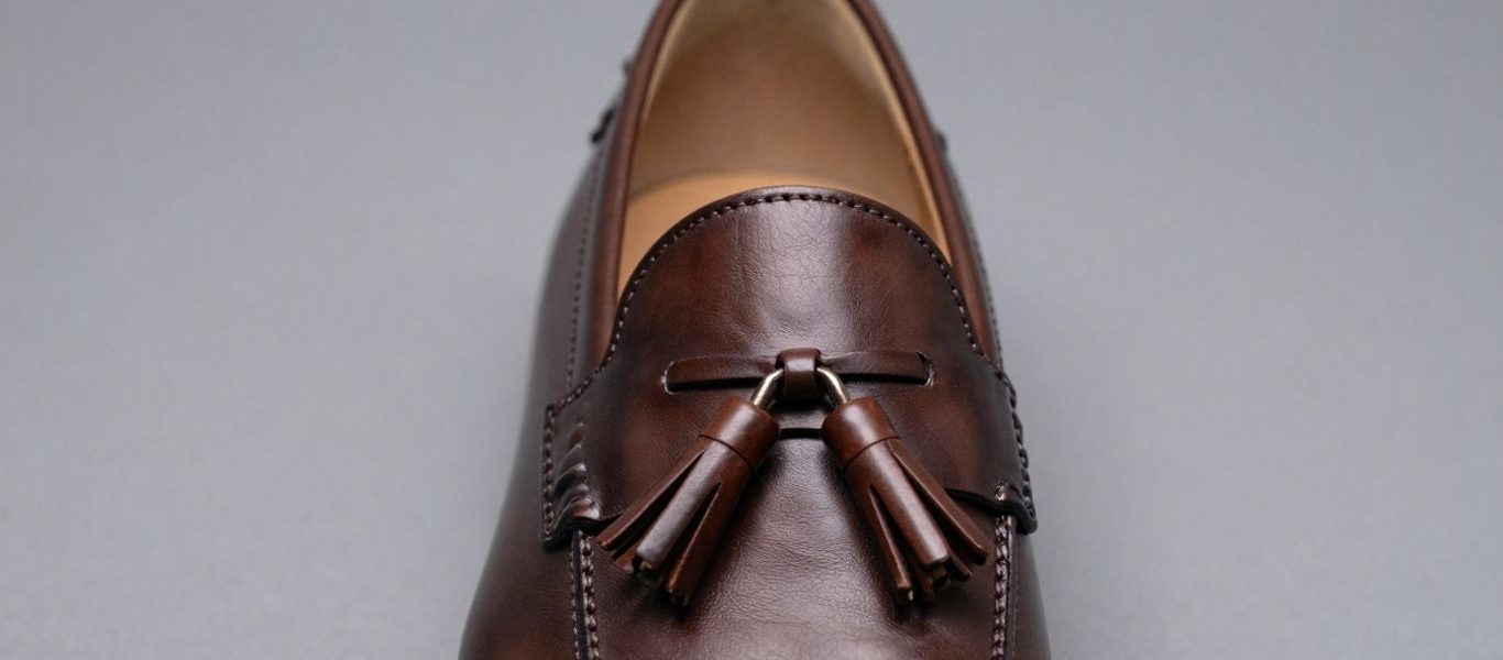 Classic brown leather tassel loafers with elegant design.