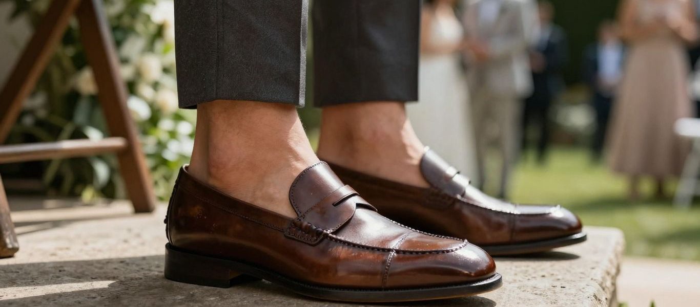 Man in penny loafers at a wedding.