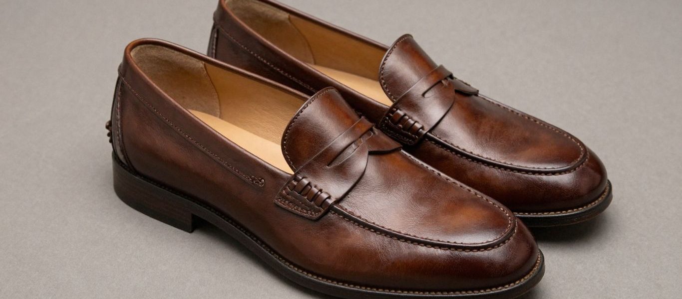 Brown penny loafers on a neutral background.