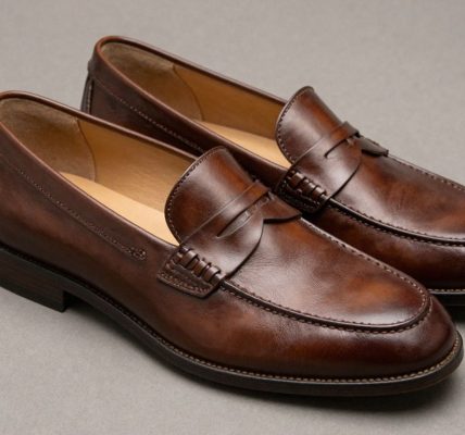 Brown penny loafers on a neutral background.