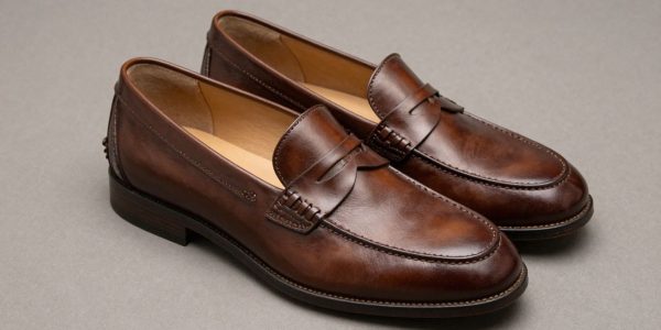 Brown penny loafers on a neutral background.
