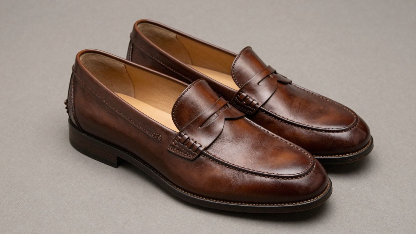 Brown penny loafers on a neutral background.
