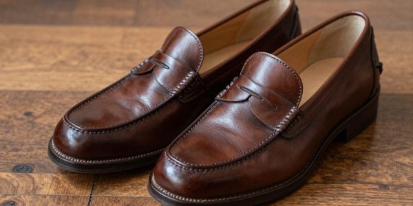 Classic brown penny loafers on a wooden floor.