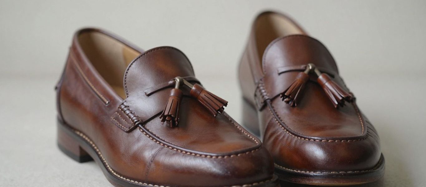Brown leather tassel loafers, perfectly fitted.