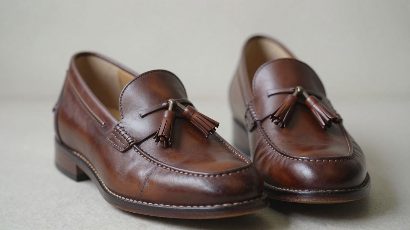 Brown leather tassel loafers, perfectly fitted.