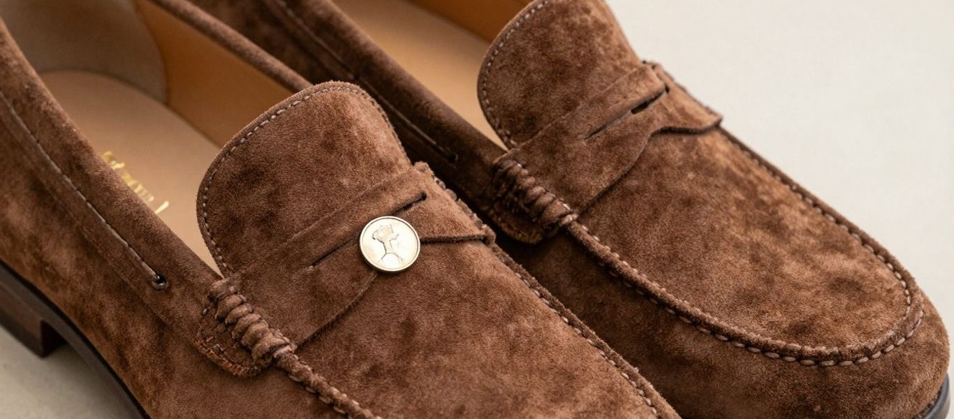 Brown suede penny loafers with a classic design.
