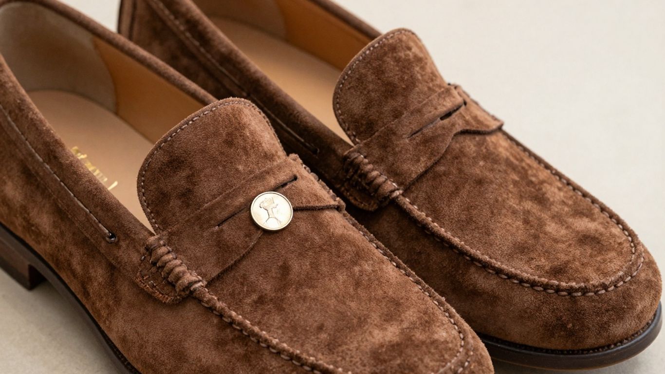 Brown suede penny loafers with a classic design.